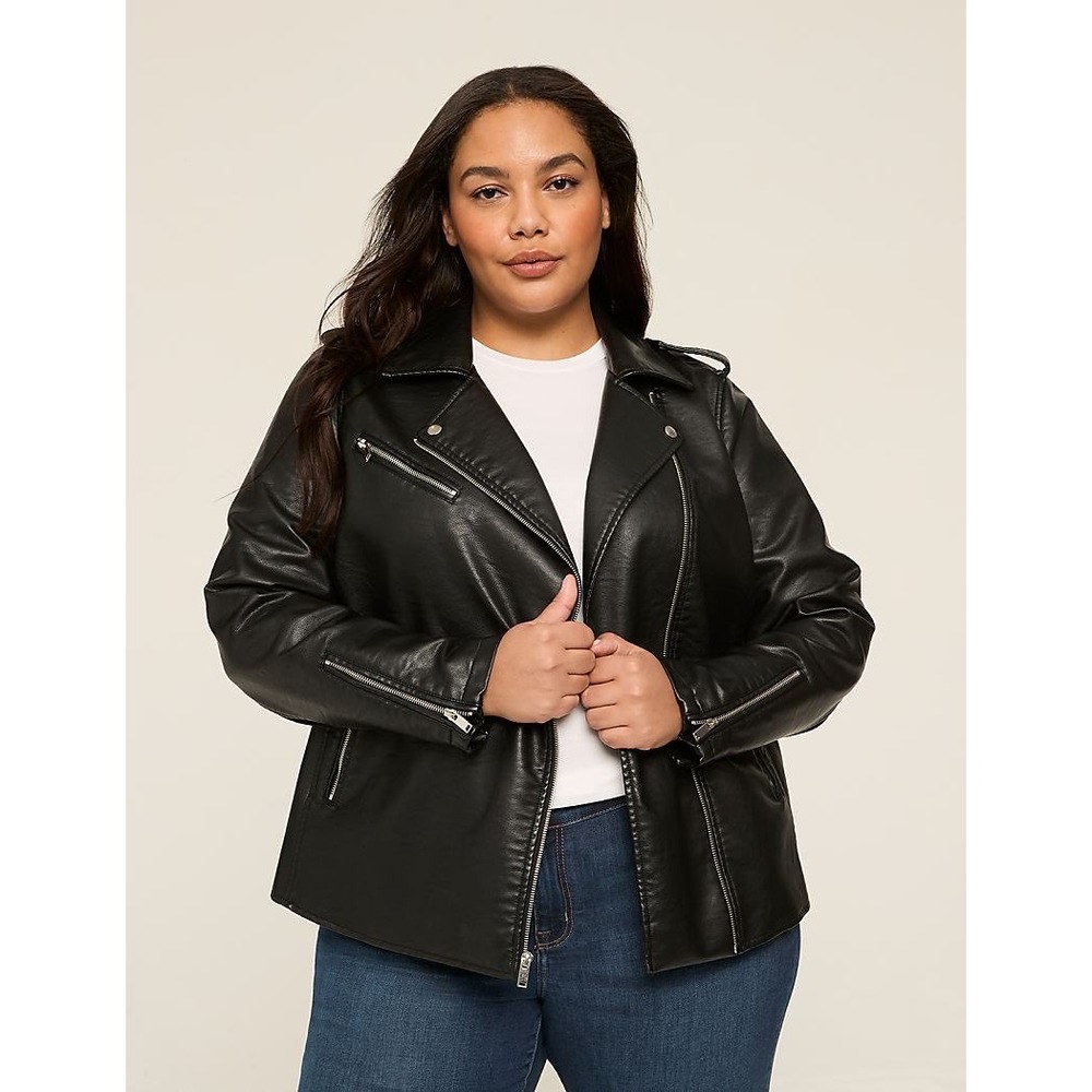 Lane Bryant Faux Leather Moto Jacket Black Asymmetrical Zip Biker Coat 18 20